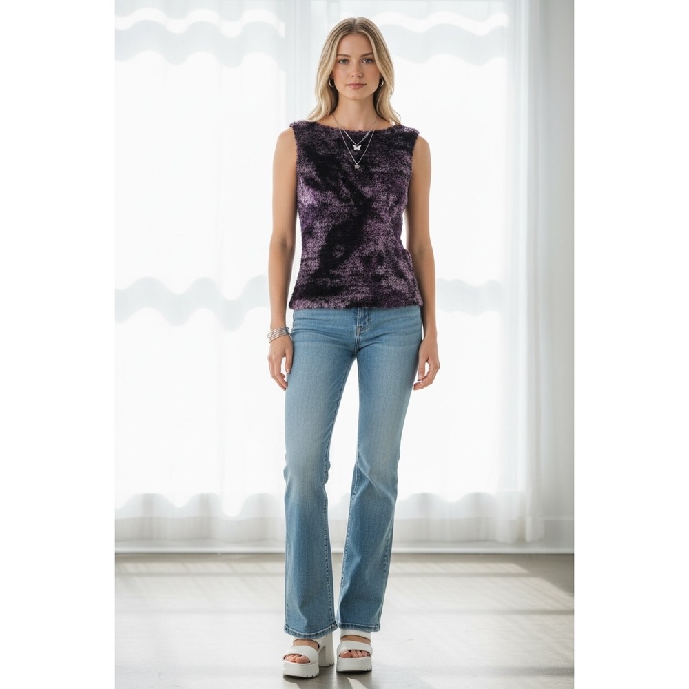 New La Belle Sleeveless Top Small Purple Black Fuzzy Eyelash Y2K Boat Neck USA